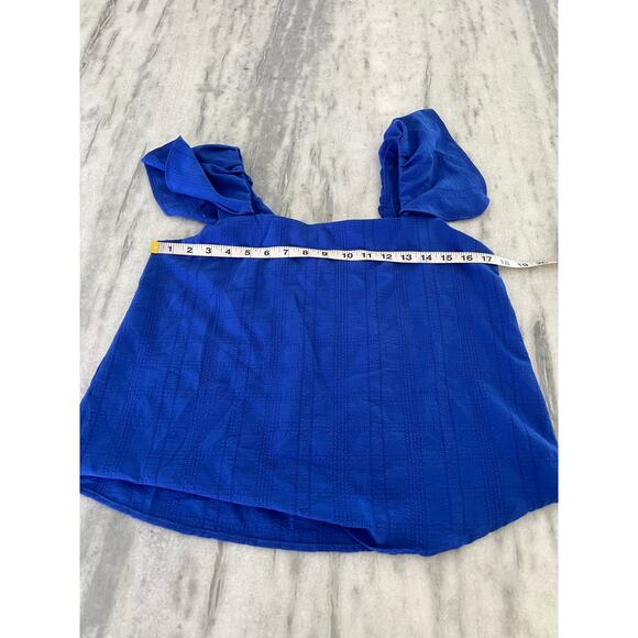 Cupio Blue Summer Blouse Woman Size Small Flutter Cap Sleeve Smocked Back - Picture 8 of 9